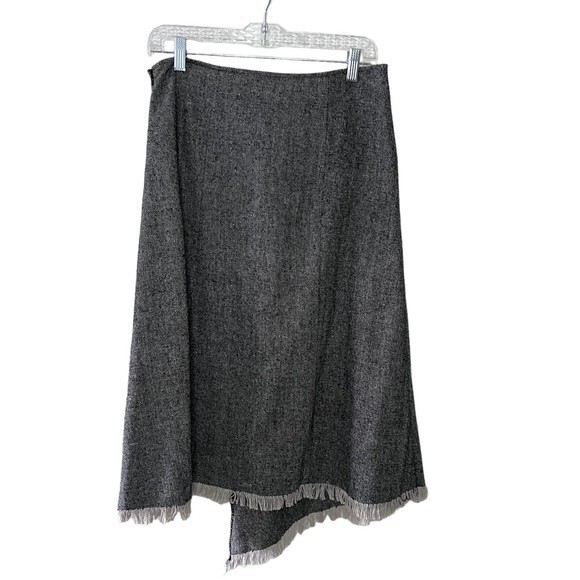 British Khaki Tweed Gray Wool Blend Asymmetrical Fringe Hem Skirt Size 10 - Picture 3 of 8